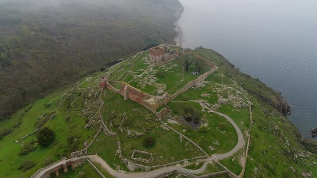 Aerial footage of the medieval castle ruin of Hammershus in Denmark, drone stock footage by DroneRune