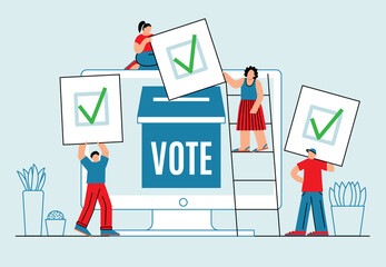 Online voting concept. Mini people with computer screen, voting box and voters. Digital political elections flat style vector illustration.