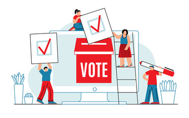 Online voting concept. Mini people with computer screen, voting box and voters. Digital political elections flat style vector illustration.