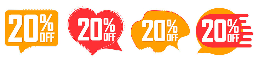 Set Sale 20% off speech bubble banners, discount tags design template, app icons, vector illustration