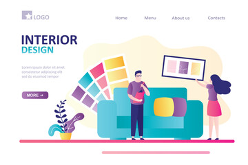 Obraz premium Designers with color palette designing interior decorations. Team works on new design project. Business people planning design of living room