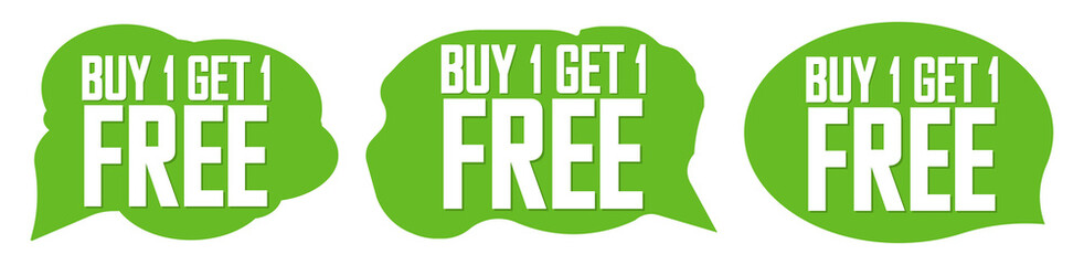 Set Buy 1 Get 1 Free tags, sale speech bubble banners design template, discount badge collection, app icons, vector illustration