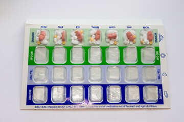 Blister or bubble pack for prescribed medication pills to assist taking at specified time of day. Tablets in individual sealed compartments bubbles - obrazy, fototapety, plakaty