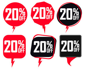 Set Sale 20% off speech bubble banners, discount tags design template, app icons, vector illustration