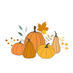 Vector autumn collection of pumpkins, leaves and branches of rowan. Season of pumpkins harvest. Design for Thanksgiving Day greeting, poster template, banner, seasonal fall invitation card.
