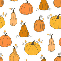 Seamless pattern of colorful pumpkins and leaves. Vector background with cute cartoon pumpkins.Pumpkins for Halloween, Thanksgiving. For seasonal textile prints, holiday wallpapers, banners, backdrops