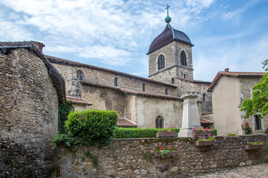 Perouges, France - 6/8/2015: The church tower in the  historic walled city of Perouges