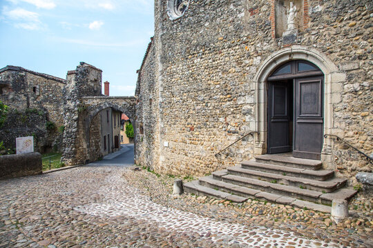 Perouges, France - 6/8/2015: The  entrance to the Perouges church in the historic walled city of Perouges