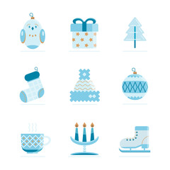 Christmas design template card. New year vector icons. Blue shades winter flat style illustrations