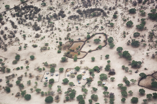 Aerial Shot of small settlement of stock breeders in Botswana
