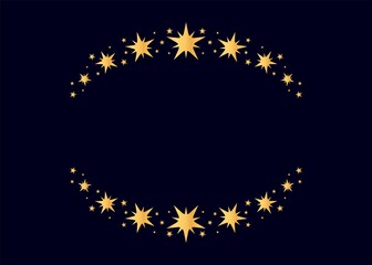 Vector golden circle star frame. Wreath for design, logo template. Stardust, stars, starry sky. Round frame with stars and glitter dots on white background. Vector background for card, invitation.