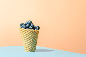 Frozen blueberries in waffle horn on orange background. Conceptual minimalism.