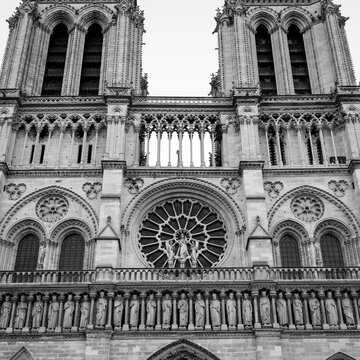 Black and White Vintage Film Medium Format Style Photograph of Notre Dame de Paris Front