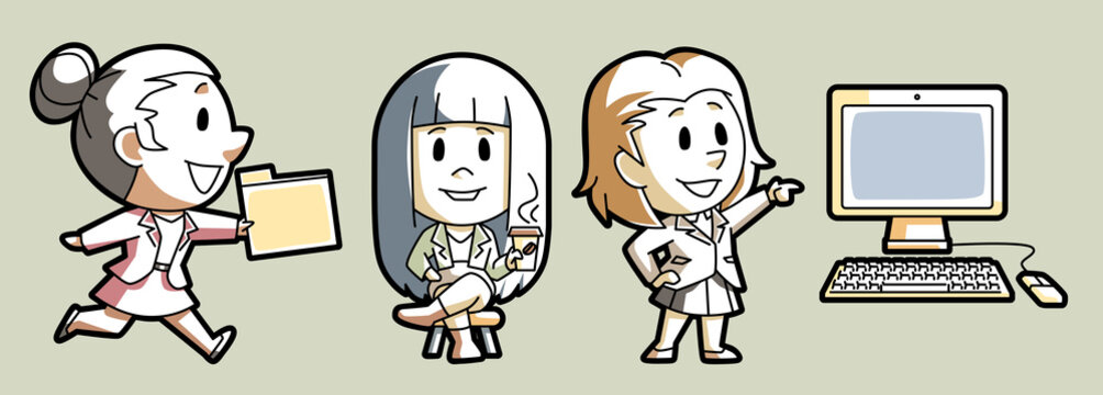 Set of cartoon business people and office workers with computer