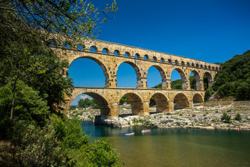 Avignon, France - 6/4/2015:  Pont du Gard, a Mighty aqueduct bridge rising over 3 well-preserved arched tiers, built by 1st-century Romans.