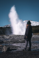 Obraz premium Geysir, famous icelandic spot on a golden circle route. Not too many tourists during covid times due to travel restrictions. This place is crowded all year round... well not this year.