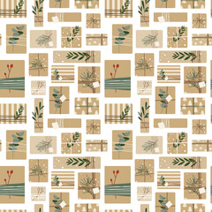 Different christmas presents in kraft paper with twine ribbon, eucalyptus and spruce branches. Rustic gift box. Eco decoration. Xmas and New Year celebration preparation. Vector flat seamless pattern 