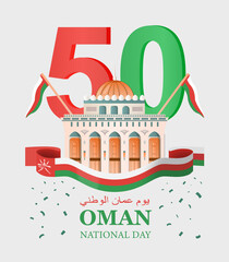 Poster design to celebrate the National Day holiday in Oman with the national flag and text. Translation from arabic Oman national day. Colored vector illustration.