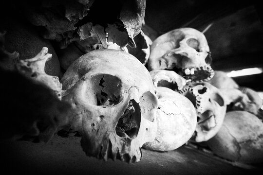 Human skulls, remains of the genocide by the Khmer Rouge in Cambodia