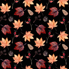 Watercolor hand painted seamless pattern with autumn leaves, alder branches, cones and rose hip beries on black background. Perfect for fall or thanksgiving design. Digital Paper for wrapping, textile