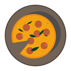 vector abstract stylish pizza illustration in trending colors: green orange, yellow. Pizza margarita with spinach sausage. Food icon for restaurant, market
