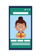 cute afro little girl student with gift in smartphone