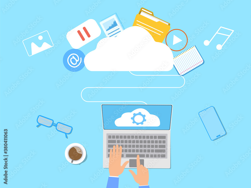 Poster digital cloud storage concept. a man using his laptop to access files stored in the cloud storage. t