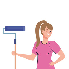 woman cartoon with construction paint roll design of working maintenance workshop and repairing theme Vector illustration