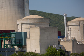 Viviers, France - 6/6/2015: two containment buildings are part of a nuclear power plant complex along the Rhone River near Meysse and Cruas, France.