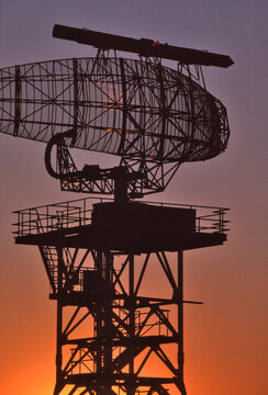 radar antennae silhouette sunset prairies near Regina, Saskatchewan, Canada