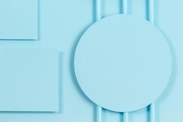 Abstract pastel blue color background. Minimal geometric shapes and lines, top view