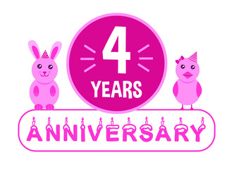 4st birthday. Four years anniversary celebration banner with pink animals theme for kids.