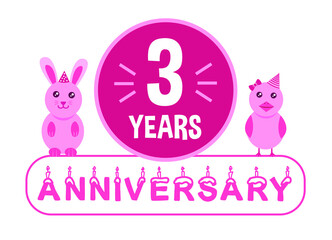 3rd birthday. Three years anniversary celebration banner with pink animals theme for kids.
