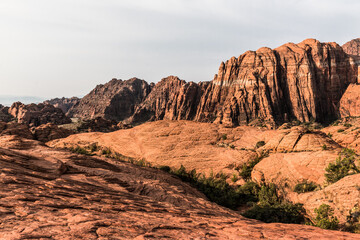 Petrified Sand Dunes With Red Mountain In The Distance, Snow Canyon State Park,Utah,USA