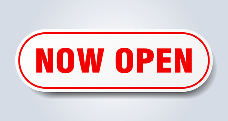 now open sign. rounded isolated button. white sticker