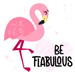 Tropical concept with pink flamingos. Summer design for postcards, posters, fabrics, prints. Modern front page with hand drawn lettering Be flabulous.