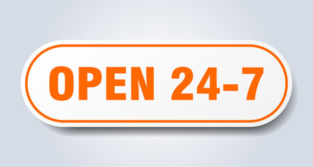 open 24 7 sign. rounded isolated button. white sticker