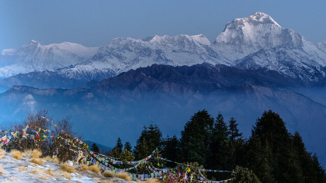 Tibetan mountains daybreak, Nepal, Annapurna trek.