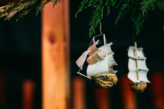 Toy boat made of nutshell