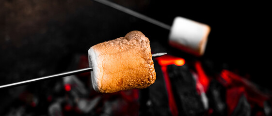 marshmallow on a stick being roasted over a camping fire. cooking white marshmallows on red coals...