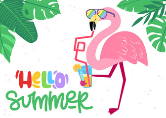Tropical concept with pink flamingos. Summer design for postcards, posters, fabrics, prints. Modern front page with hand drawn lettering Hello summer.