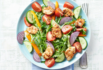 Healthy Salad with Chicken Breast, Cherry Tomatoes, Cucumber, Orange Pepper, Endive and Red Onion. Top view.