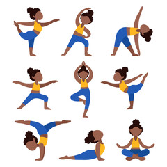 Fototapeta na wymiar Set of flat black girls doing yoga. Bundle of African American women in different poses. Exercises for health, posture, relaxation, meditation, concentration. Morning workout, vector illustration.