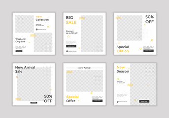 Set of Editable square banner template post for instagram ad. White and yellow background color. Suitable for social media post for promotion.