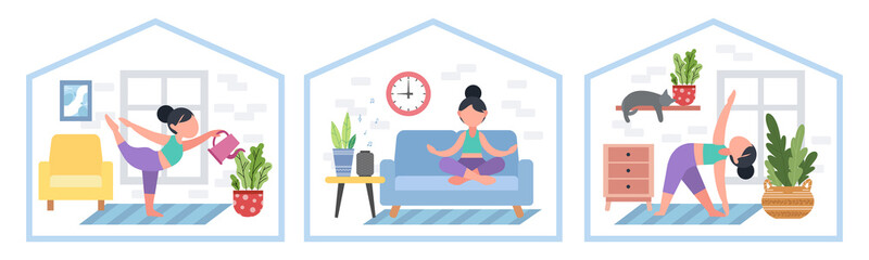 Set of girls. Bundle of women doing yoga, stay at home. Exercises for health, posture, relaxation, meditation, concentration. Flat interior, furniture. Morning routine workout, vector illustration.