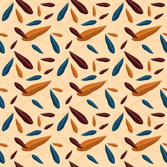 Seamless pattern with colorful pyracantha leaves. Brown autumn theme background for textile, fabric, packaging, print designs and etc.