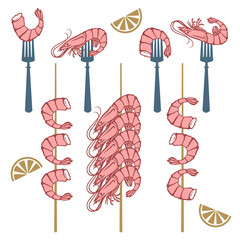collection of grilled shrimps on fork and skewer isolated