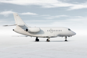 Fototapeta na wymiar Modern white corporate business jet isolated on light background with sky