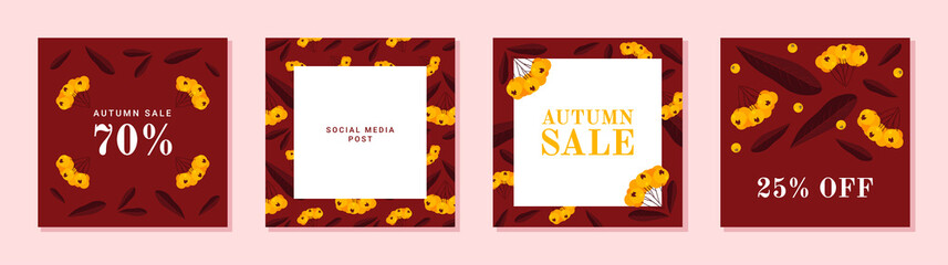 Set of autumn theme templates for social media, mobile apps, banners, ads. Burgundy color abstract square art templates with floral elements, pyracantha berries, leaves.