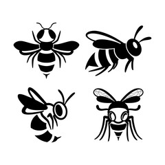 Set of flat line wasp icons. Bundle of black insects silhouettes Isolated on a white background. Graphic symbol, design template for logo. Vector illustration emblem of a bee, hornet, pest, sting. - obrazy, fototapety, plakaty